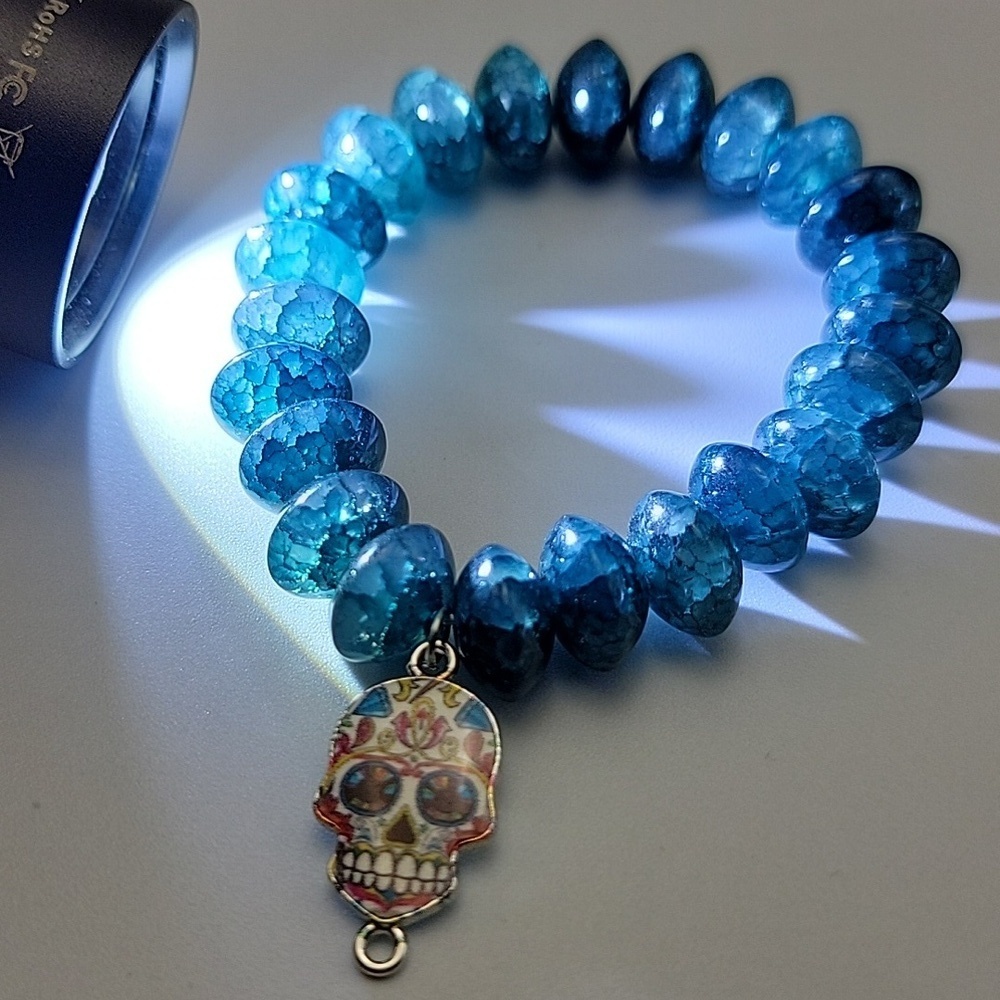 Dark Blue Dragon Vein Agate Rondelle Skull Stretch Bracelet 5.5" + Gemstone